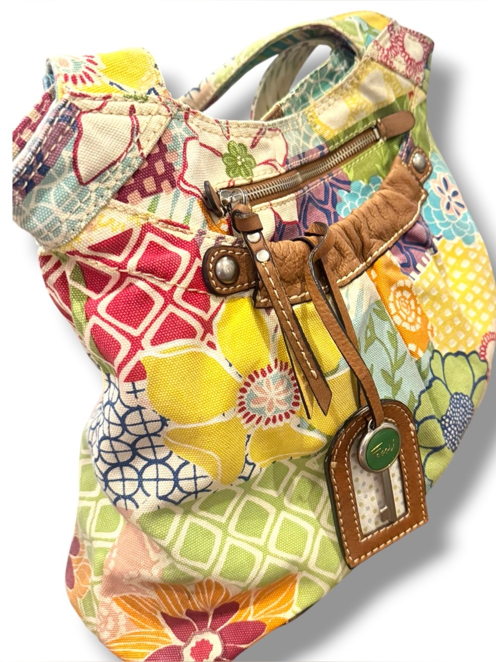 Fossil boho Colorful Floral Canvas Tote Bag with Brown leather Trim